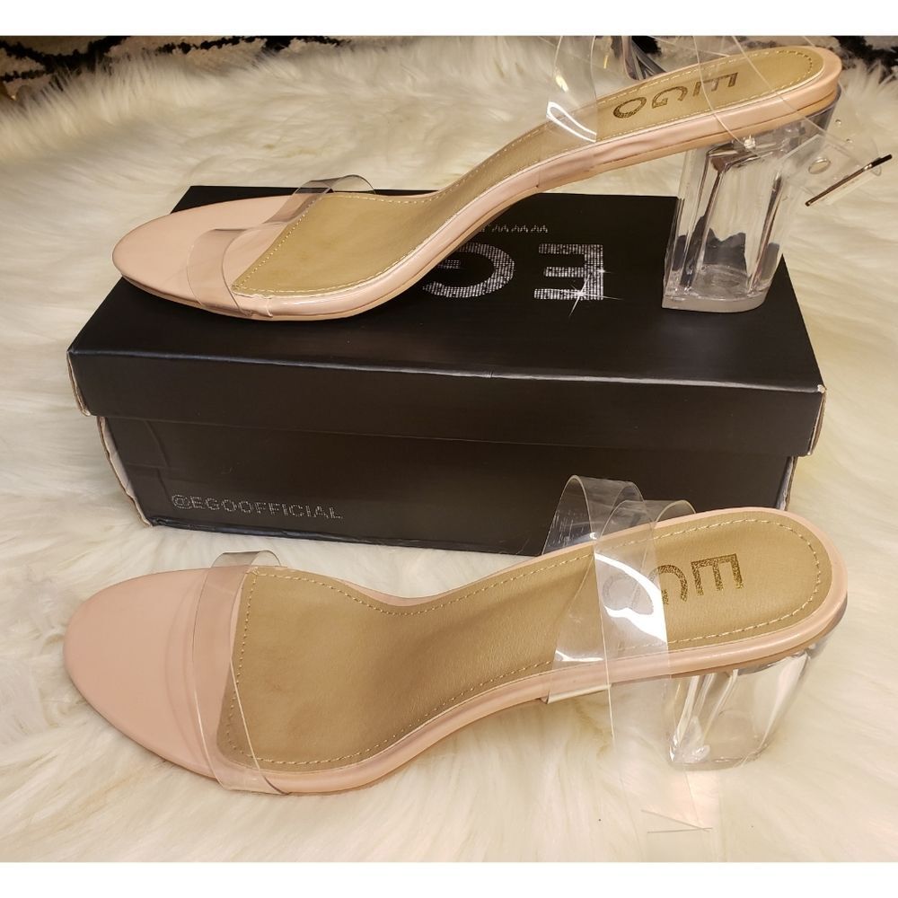 EGO Women's 11 Clear 3 Inch Block Heel Sandals Perspex Strappy Nude Party Shoes - Picture 5 of 12